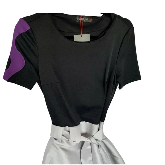 Chic Black and Silver Metallic Midi Dress purple accent and belt size XS NEW - Picture 8 of 11